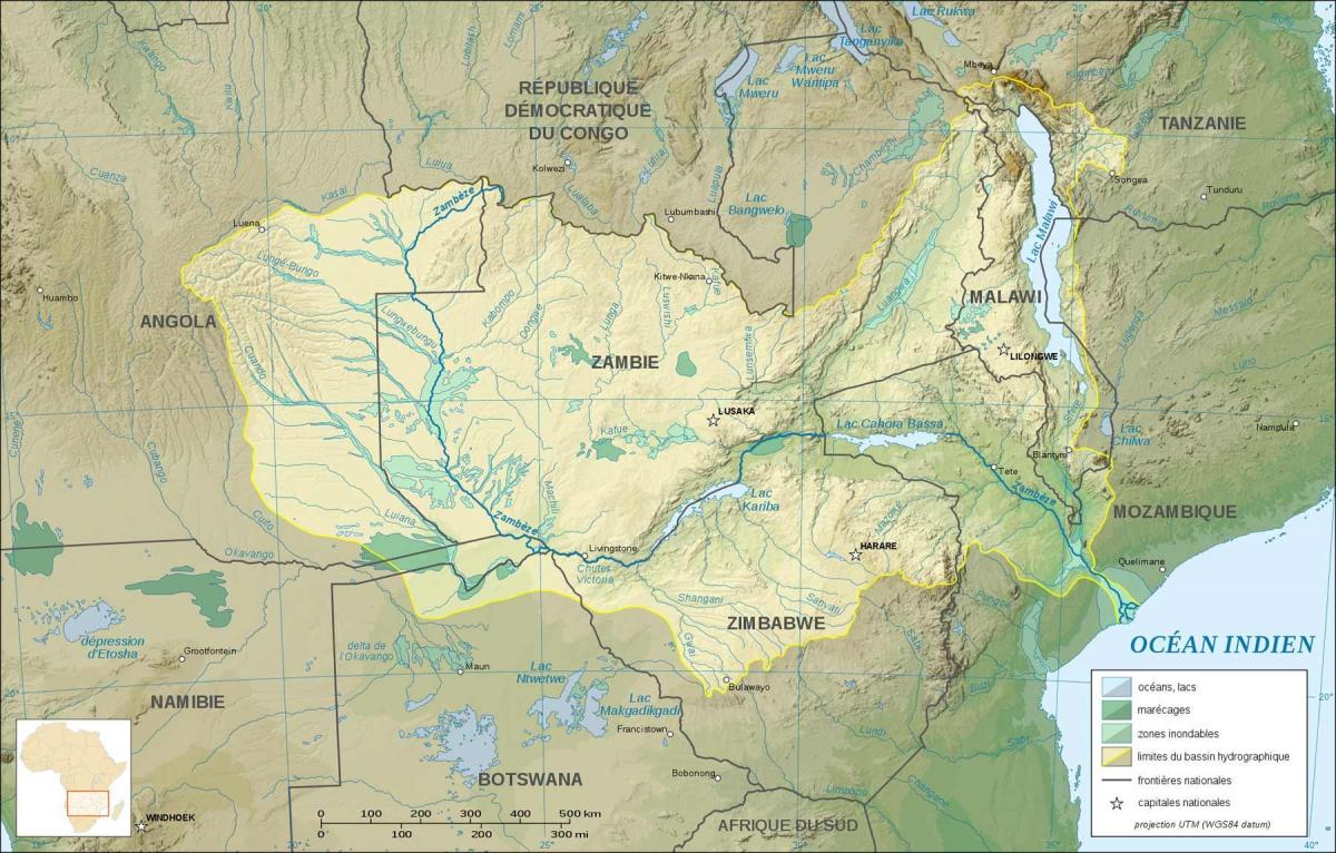 peta dari Zambia menunjukkan sungai dan danau