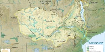 Peta dari Zambia menunjukkan sungai dan danau